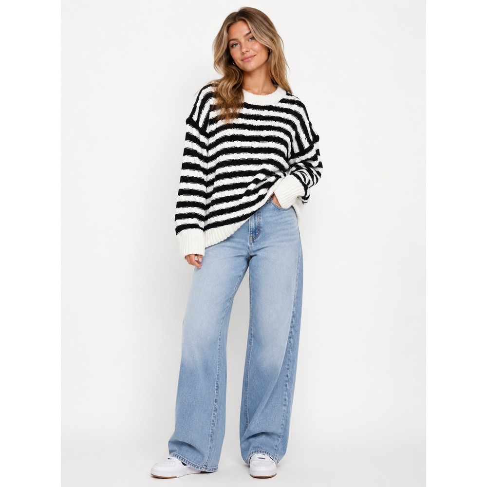 Jessica Simpson Womens Medium‎ Sweater Black White Striped Cable Knit Preppy